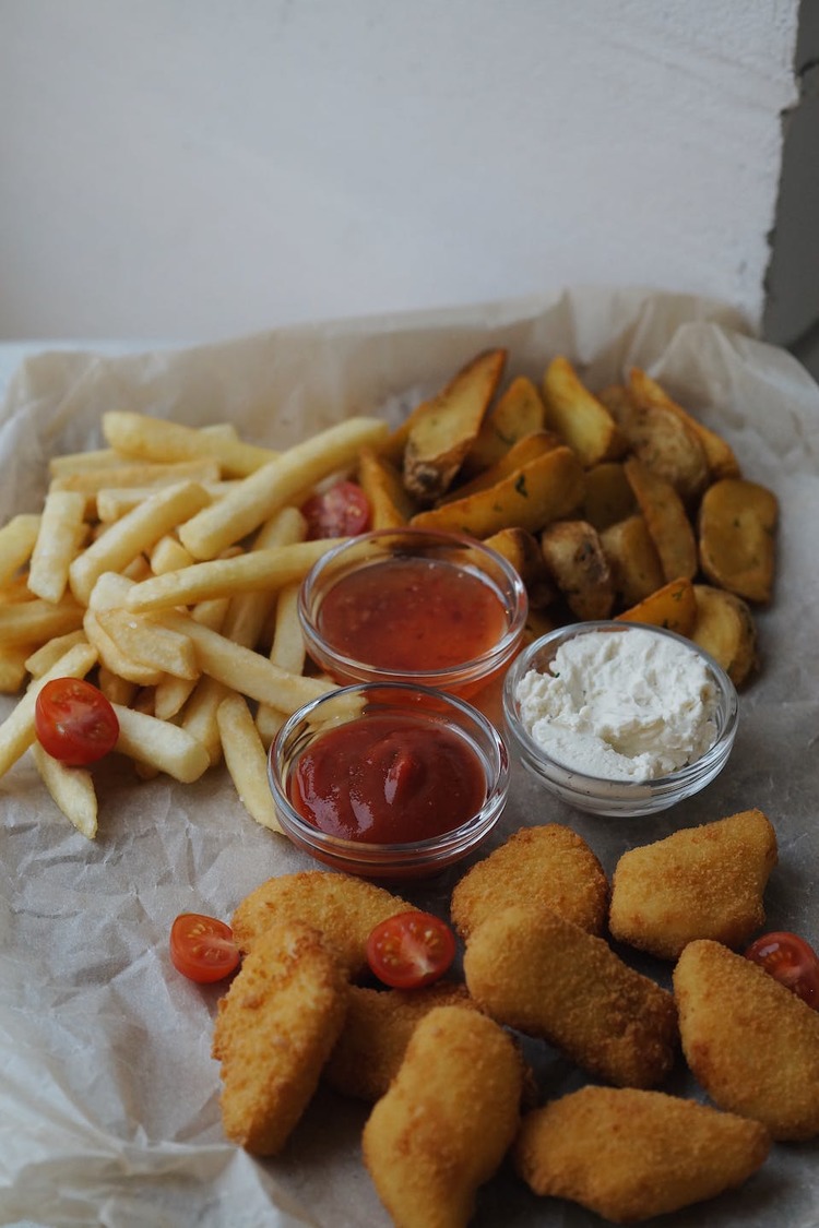 Dips Recipe - Sour Cream, Sweet Chili Sauce and Spicy Ketchup with Fries and Chicken Nuggets